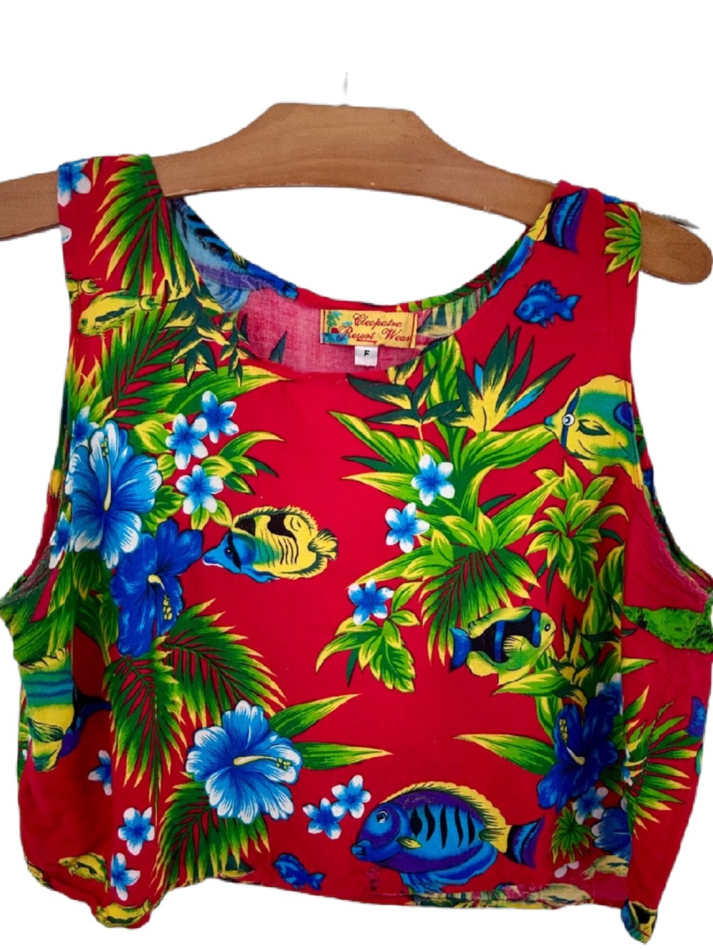 Vintage Tropical Fish & Hibiscus Crop Tank Top Red Resort Wear OS